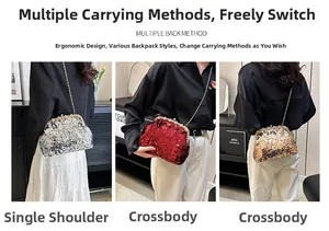 Detailed view of sequin shell bags in silver, red, and gold with elegant chain straps