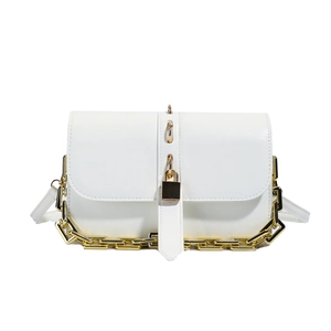 Chic white leatherette crossbody flap bag with gold chain and metal buckle closure