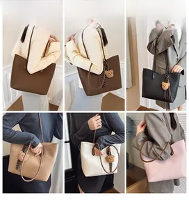 Collage of chic large tote bags in five colors with cute bear charms on models