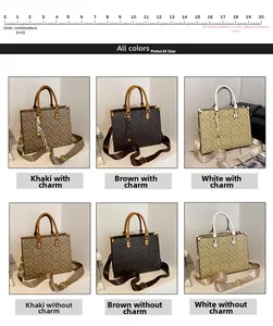 Detail view of monogram tote bag color options and sizes with scarf charm and straps