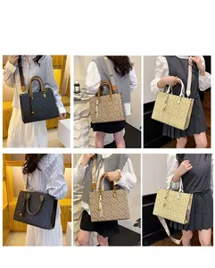 Detail shots of large tote bag with C-pattern showing crossbody and handheld styling