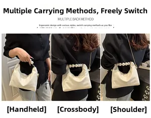Detailed views of a white quilted leather bag showing pearl handle and chain strap options