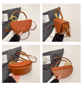 Detail view showing four angles of a brown saddle bag with a golden spiral handle