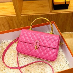 Women Quilted PU Leather Crossbody Bag With Metal Bamboo Handle Elegant Shoulder Handbag Twist Lock Fashion