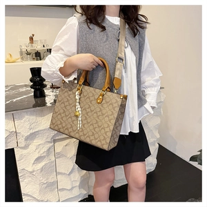 Close-up of printed tote bag with leather handles and striped tassel detail on model