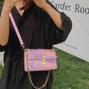 Pink laser holographic crossbody bag with crocodile pattern and golden chain strap