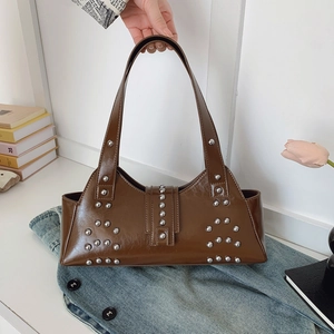 Women Underarm Bag Vintage PU Leather Punk Style Silver Rivets Shoulder Handbag Y2K Streetwear Fashion