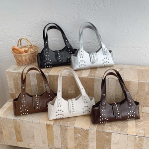 Street punk oil wax leather underarm bags with studs in black, silver, and brown colors