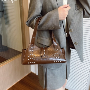 Retro dark brown oily leather underarm bag with silver studs and metal buckle detail