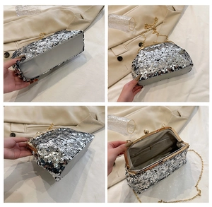 Detailed views of sequined shell evening bag with metal chain and interior compartment