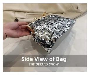 Side view detail of silver sequined evening clutch with gold trim and rhinestone clasp