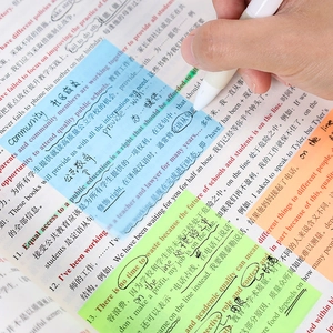 Minimalist white highlighter pens with four translucent fluorescent colors on book pages