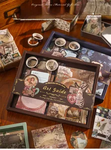 Detailed close-up of Art Guide vintage stationery gift box with retro stickers and tapes