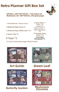 Detailed view of vintage stationery gift set including notebook stickers and tape pieces