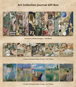 Flat lay of retro scrapbook paper kit showing diverse artistic patterns and varied sizes