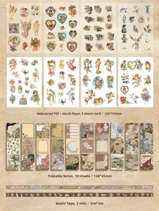 Detail of vintage stationery gift set including PET stickers and decorative washi tapes
