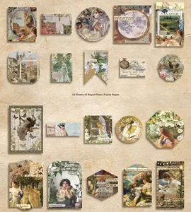 Set of 10 vintage-style art paper frames and stickers with classical oil painting motifs