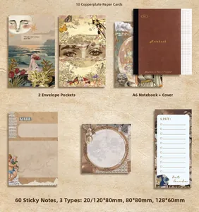 Detail view of vintage stationery set with A6 notebook, cards and envelopes for journaling