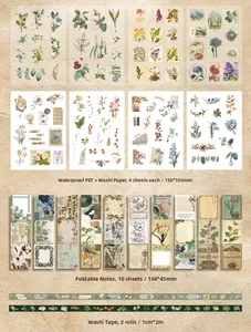 Retro botanical stationery set with floral stickers, notepad, and washi tapes