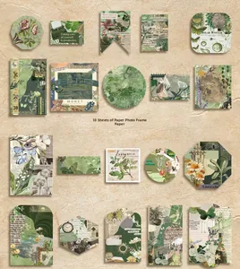 Detailed view of 10 vintage green scrapbook stickers with floral and botanical motifs