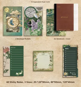 Detailed flat lay of vintage stationery set with A6 notebook, envelopes and sticker cards