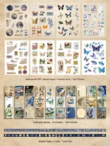 Detail of vintage stationery set with PET stickers, washi tape, and folding notes