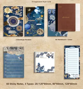Flat lay of vintage starry sky stationery set with notebook, cards and envelopes