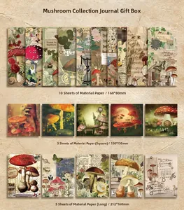 Detailed flat lay of vintage mushroom theme scrapbooking paper in various sizes