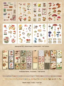 Detailed view of vintage mushroom stationery set with PET stickers and washi tapes