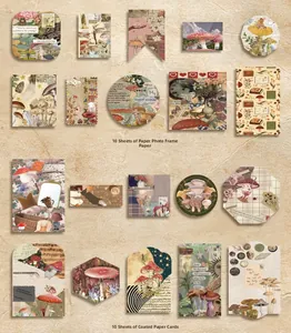 Detail of vintage mushroom stickers and paper frame stationery set for journaling