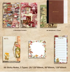 Close-up of vintage mushroom themed stationery set including A6 notebook and memos