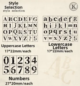 Detaillierte Größenangaben für Vintage-Holzstempel mit Buchstaben und Zahlen