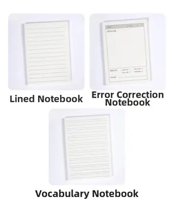 Detailed view of ruled paper, error correction notes and vocabulary sticky notes