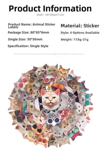 Detailed product dimensions for cute cartoon cat stickers featuring sunglasses animals
