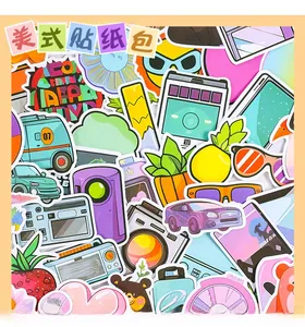 Close-up of assorted American style stickers featuring vintage cars, bears and fruits