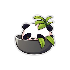 Cute cartoon panda in a bowl sticker with green bamboo leaves on a white background