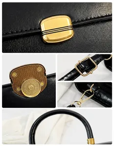Detalle del cierre magnético dorado y cuero encerado vintage negro en el bolso