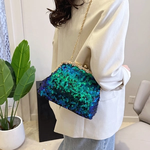 Sparkly gradient sequin shell evening bag with luxury rhinestone clasp and chain strap