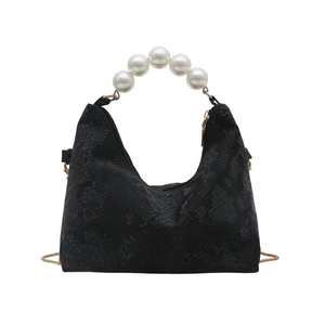 Black snake pattern hobo bag with elegant pearl handle and gold chain strap