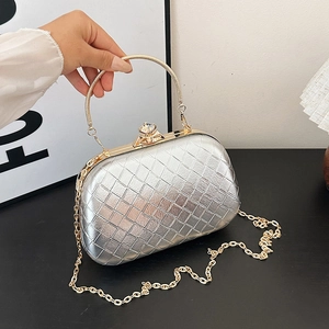 Woven Evening Clutch Bag PU Leather Box Crossbody With Rhinestone Clasp Metal Handle For Women Party Wedding