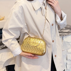 Golden woven evening clutch bag with metallic chain strap and crystal clasp for women