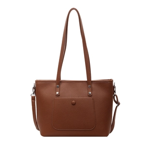 Brown lychee leather tote bag with front pocket and adjustable strap on white background