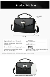 Detaillierte Größentabelle für schwarze Lederhandtasche mit goldener H-Schnalle