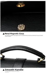 Detailaufnahme der schwarzen Ledertasche mit Magnetverschluss und rundem Tragegriff