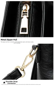 Details vom goldfarbenen Metallreißverschluss und Karabinerverschluss an schwarzer Ledertasche