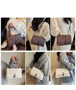Collage of quilted crossbody bags in brown and cream with chain straps and metal locks