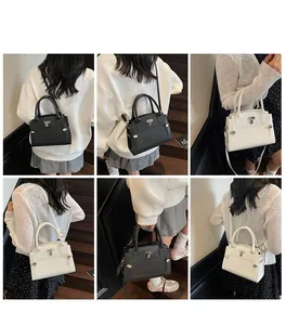 Litchi pattern leather handbag shown from multiple angles in a lifestyle stair setting