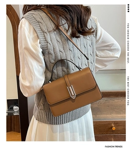 Detailed view of a brown leather small square handbag with silver metal buckle on a model