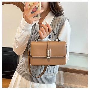 Brown rectangular crossbody bag with silver lock shown in a casual mirror selfie style