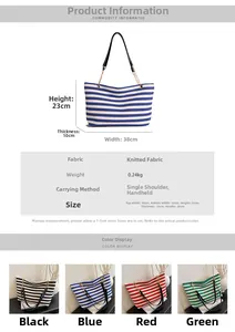 Detailed size chart and multi-color options for striped knit tote bag in four colorways